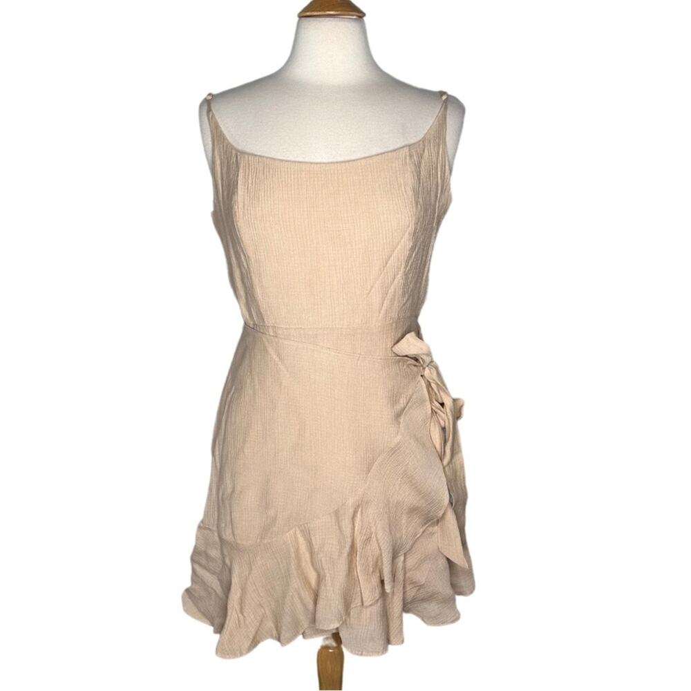 GB Beige Ruffle Wrap Mini Dress Muslin Material Tank Dress Sundress Neutral
